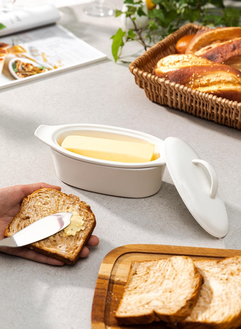 Better Butter طبق زبدة مع غطاء لسطح الطاولة - بورسلين أبيض، 3 قطع طبق زبدة كبير مع غطاء، حاوية حفظ الزبدة مع خط الماء مثالية للتخزين اليومي، حامل زبدة مع مقبض - لتزيين المطبخ - Image 2